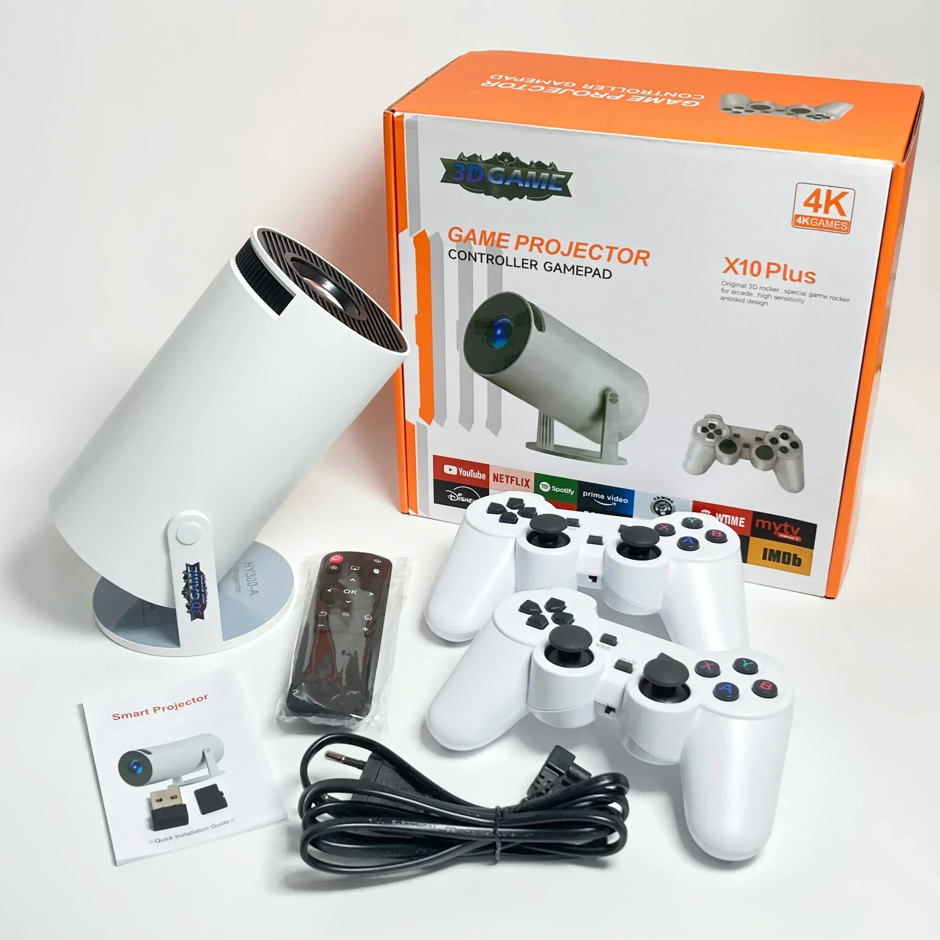 Kit completo del Proyector Gamer X10 Plus: proyector, 2 controles, control remoto, cable y manual